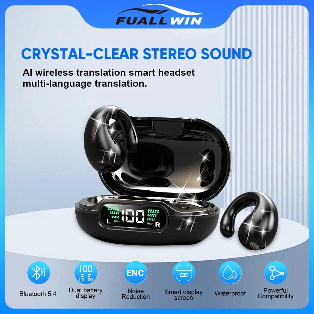Nuovi Auricolari Clip-On 2026 con Traduzione AI, Audio Stereo, Bluetooth 5.4, Riduzione Rumore ENC, Impermeabili, Display LED Batteria per l'allenamento