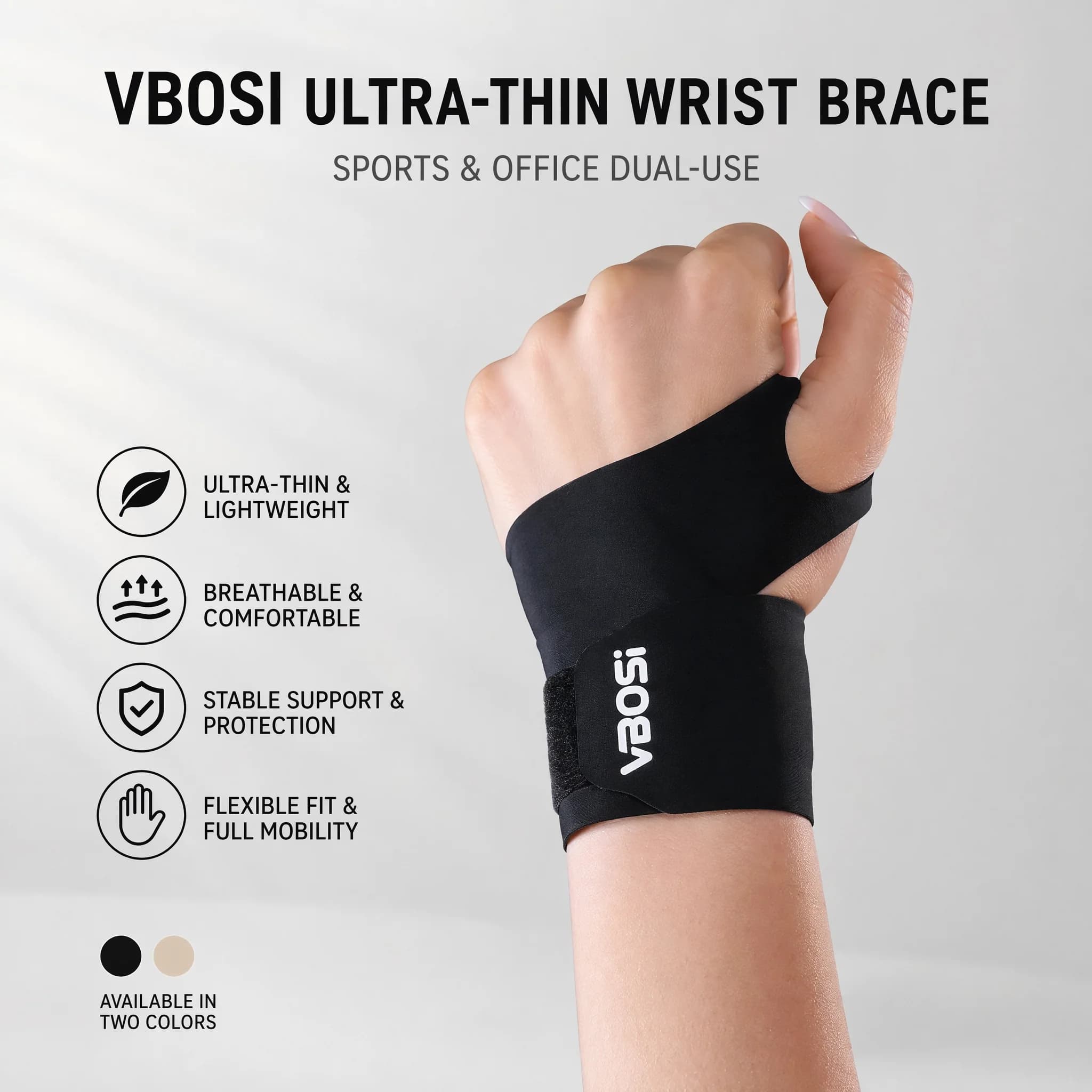 Supporto per Polso Ultra Sottile e Traspirante con Cinturino Regolabile per Dolore al Polso, Distorsioni, Artrite, Tendinite, Sindrome del Tunnel Carpale, Sport