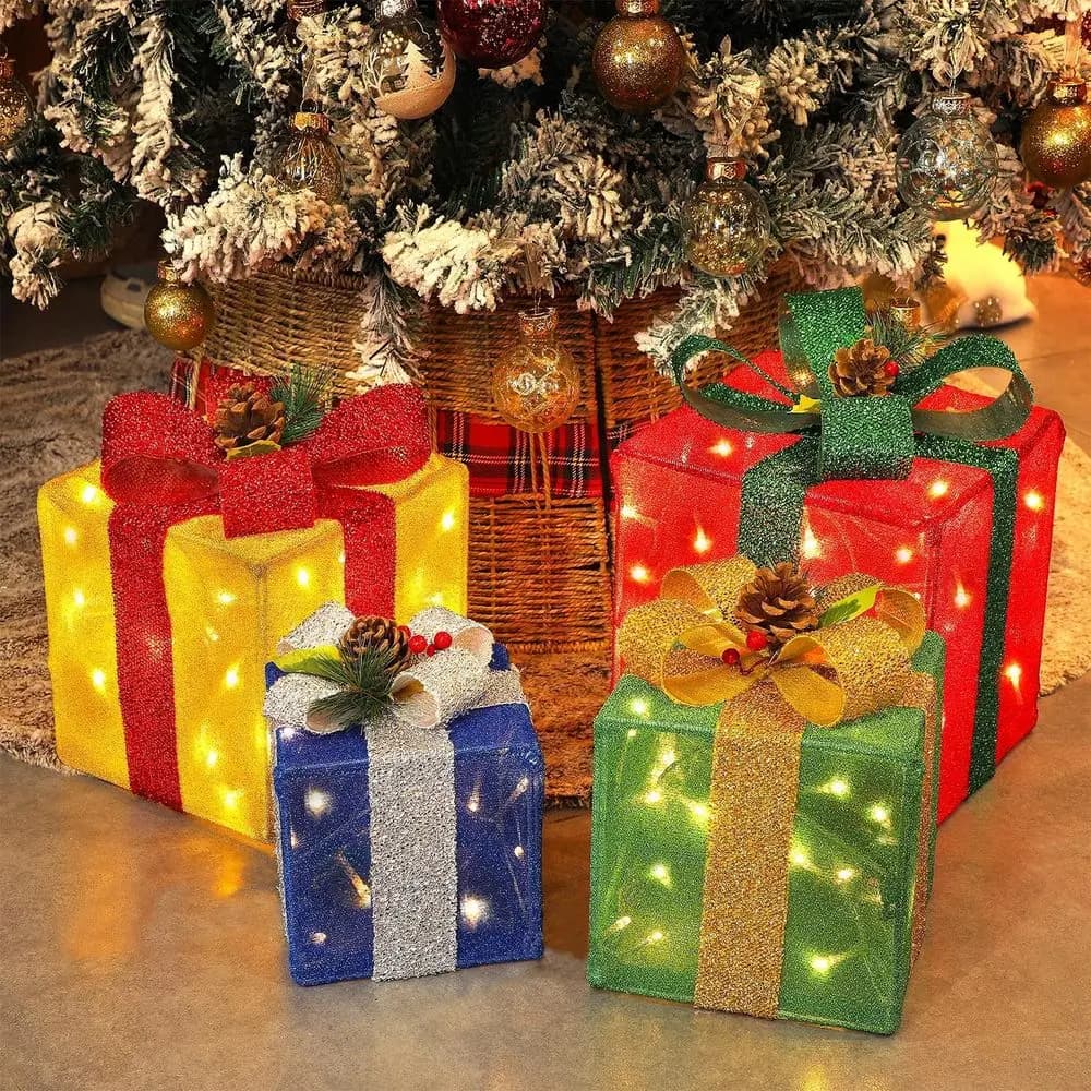 Set di 4 Scatole Regalo Preilluminate con Fiocchi in Rosso, Verde, Giallo, Blu - Decorazione Illuminata per Base Albero di Natale per Interni/Esterni