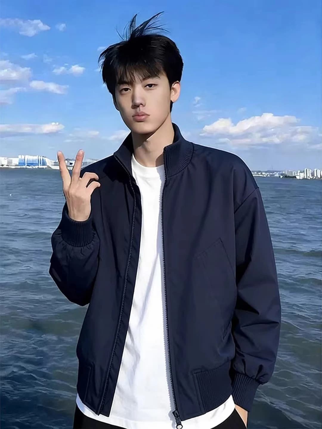Cleanfit Short Bomber Jacket in Royal Blue with Stand Collar for Men Spring Season Baseball Style Loose Fit Youth Fashion