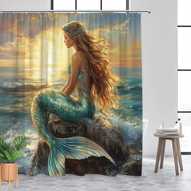 Tenda da doccia a sirena con capelli dorati: coda turchese, tramonto oceano, poliestere, 12 ganci, lavabile in lavatrice, fantasia art.