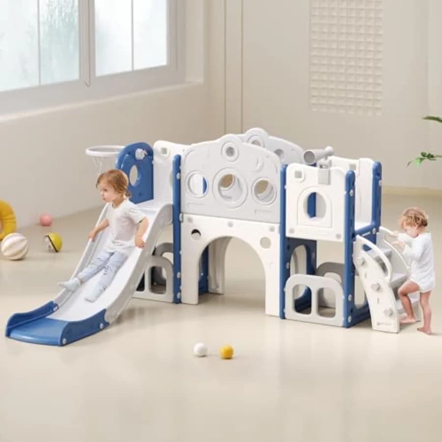 Scivolo 8 in 1 per Bambini da Esterno e Interno, Set da Gioco per Bambini di 1 2 3 Anni, Scivolo con Area di Stoccaggio e Gradini Antiscivolo, Basket