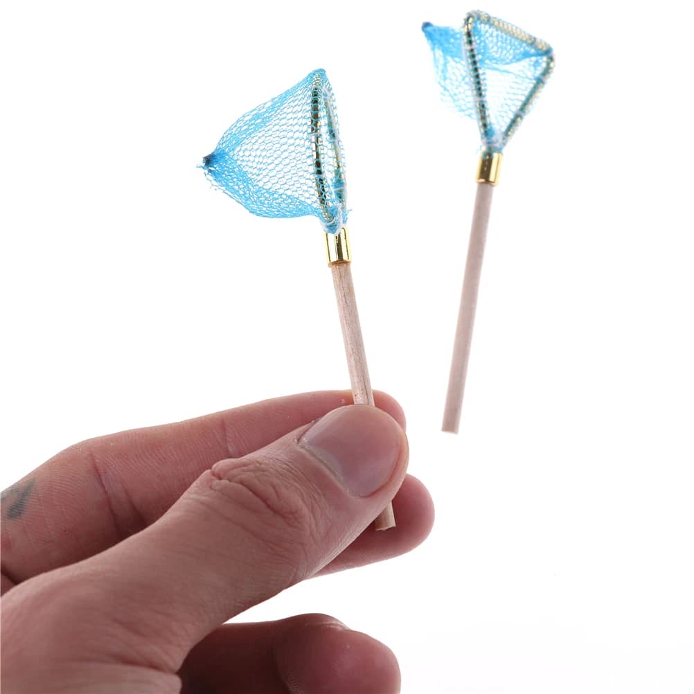 2 pezzi/set reti da pesca in miniatura per casa delle bambole con manico in legno scena di vita per casa delle bambole decorazioni per esterni accessori per giocattoli sportivi