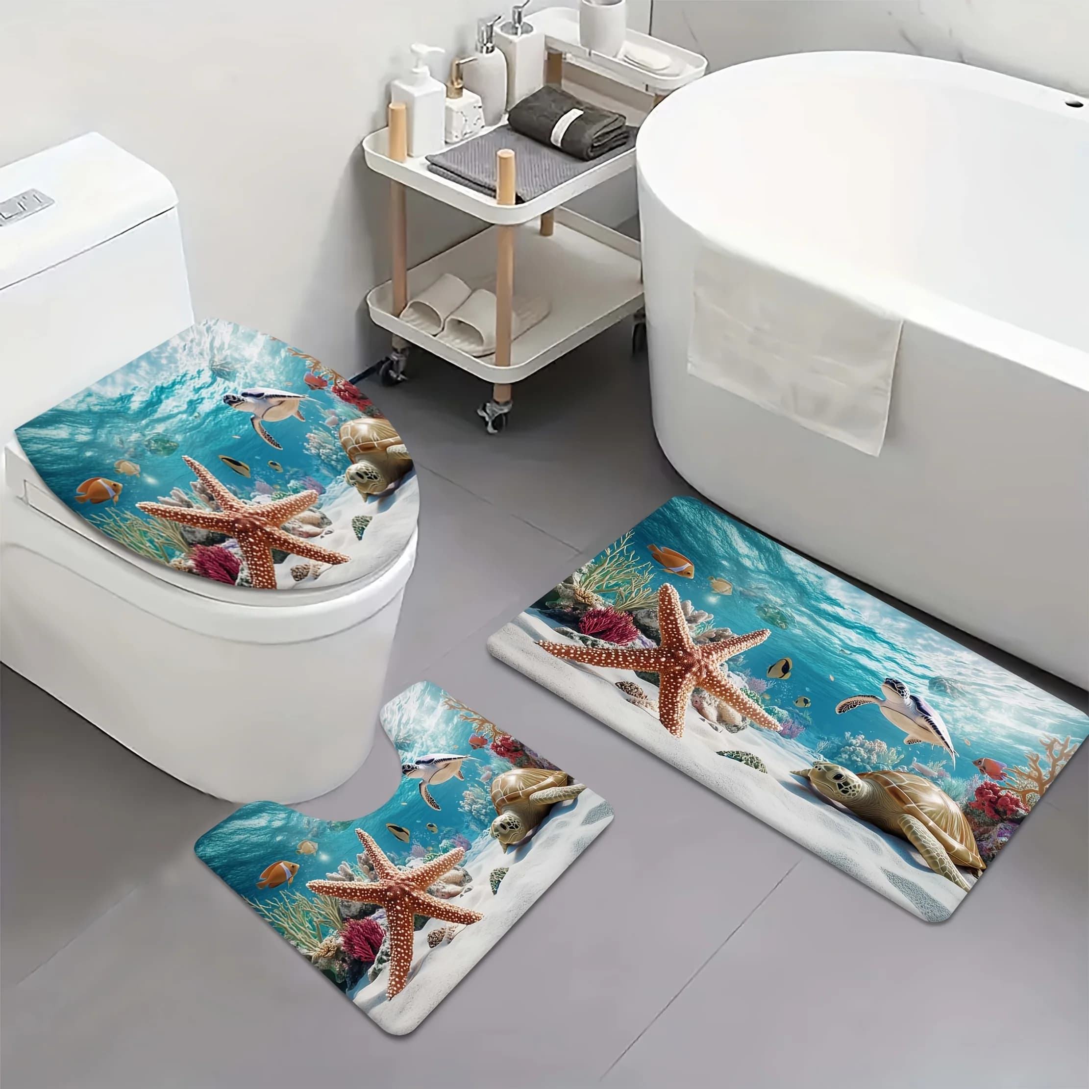 Set di tappetini da bagno a tema oceano da 3 pezzi - Tappetini in flanella con stelle marine e tartarughe, copriwater e tappeto antiscivolo, arredamento morbido e assorbente