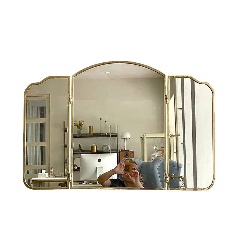 French Retro Stainless Steel Tri-fold Mirror Bathroom Bathroom Makeup Mirror Hovering Folding Dressing