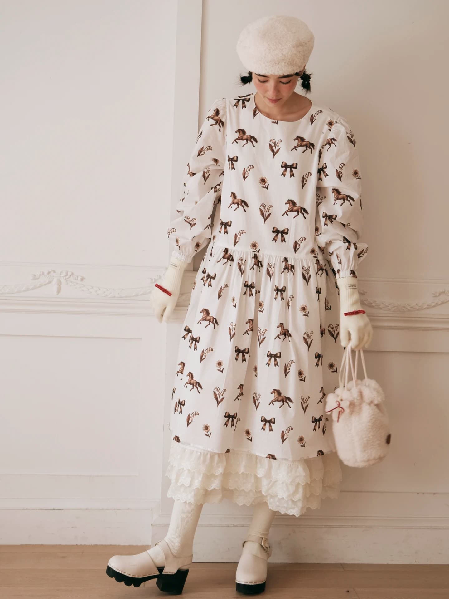 MintCheese Gonna in Cotone Classica con Stampa Originale Stile Vintage e Pizzo, Design Campanula Annodata, da Donna