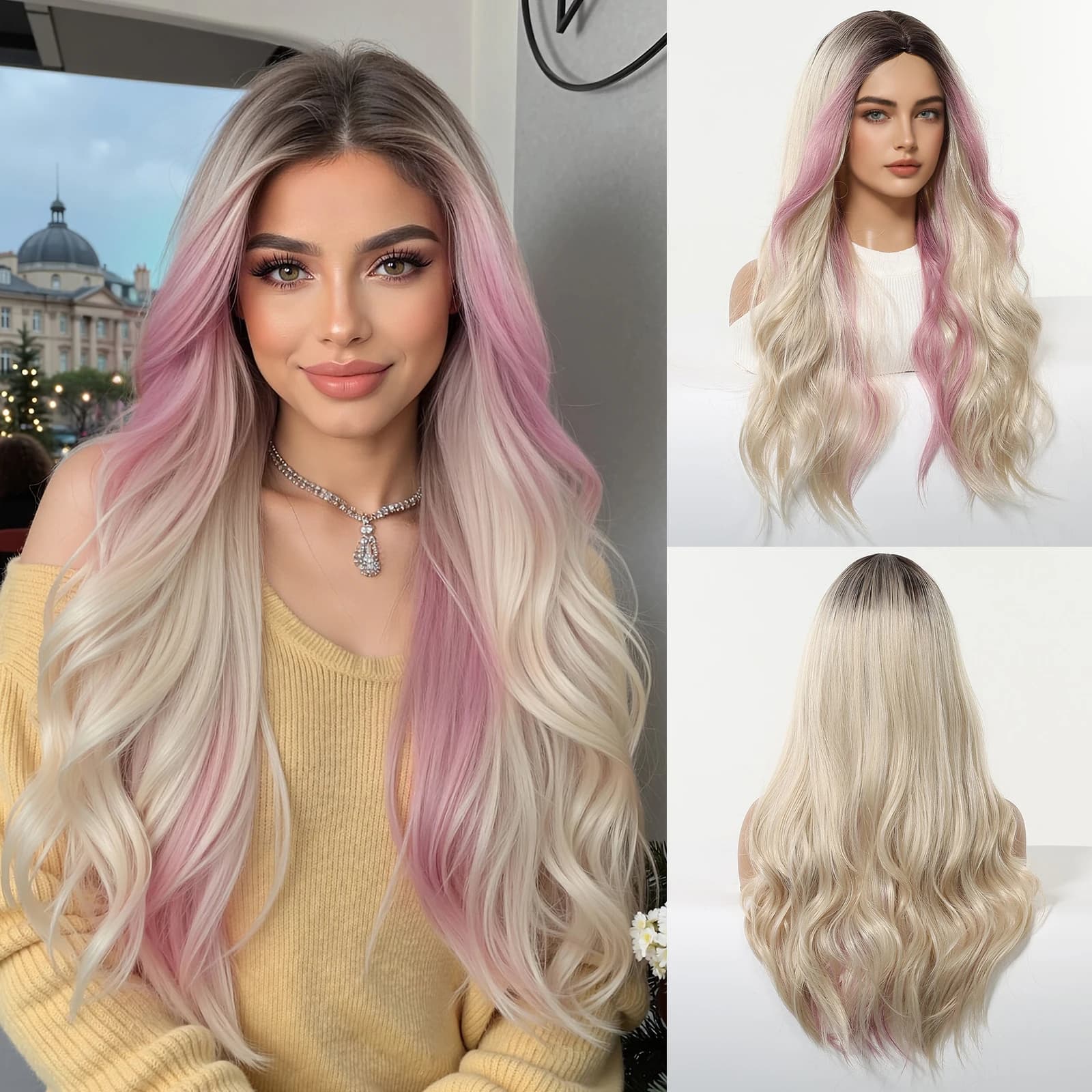 Brown to Light Gold Pink Gradient Wave Synthetic Wig for Women Long Curly High Temperature Resistance Daily Use Party Hair
