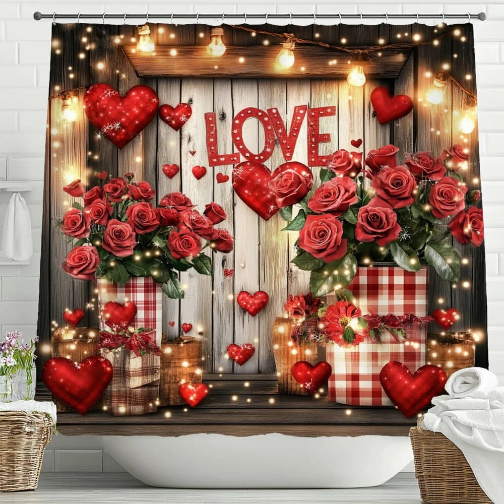 Tenda da doccia in stile rosa rossa brillante, tenda da doccia per bagno, tenda decorativa per la casa di San Valentino con ganci