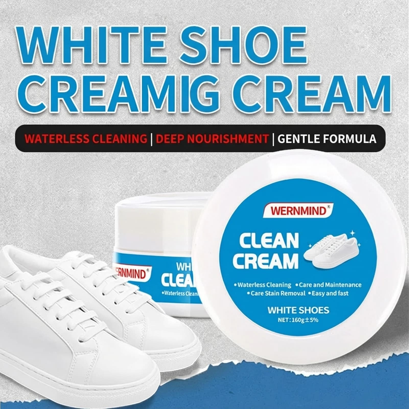 Crema detergente per scarpe da 160 g per sneaker, pelle, tela, gomma, rimuovi macchie rapido, formula non dannosa