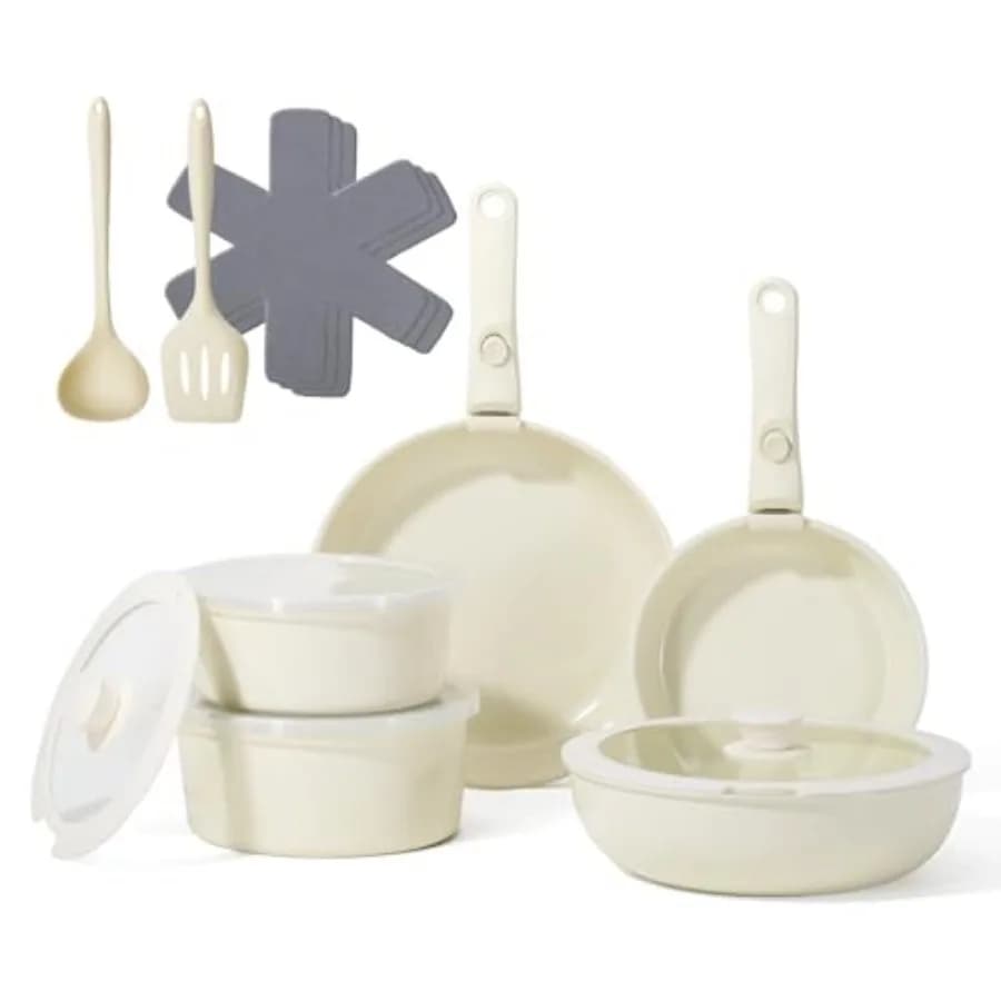 Set di pentole e padelle antiaderenti in ceramica da 16 pezzi, set di pentole a induzione con manico rimovibile per cucinare e friggere