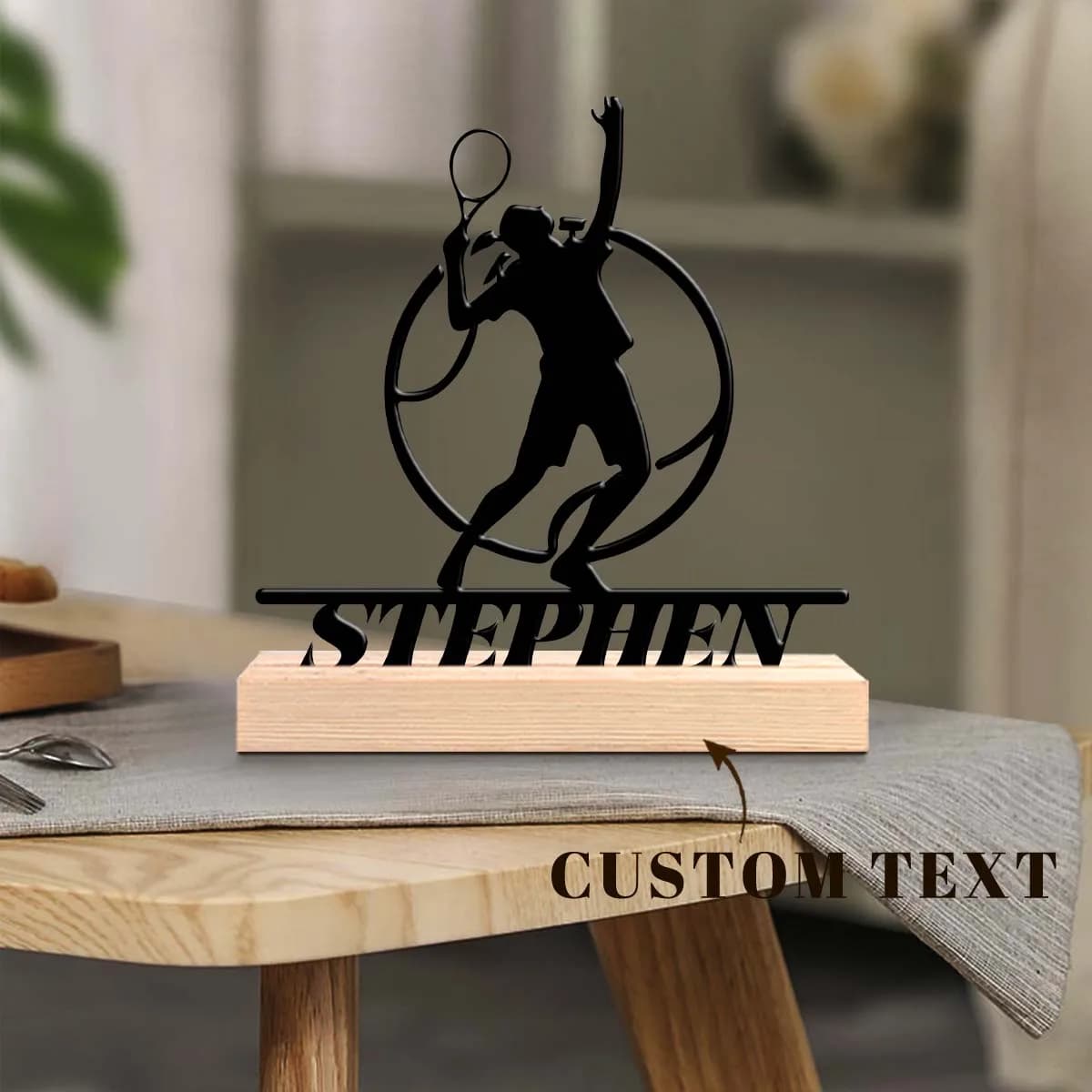 1pc Customized Metal Handicraft Ornaments Custom Content With Wooden Base Art Decoration, Desktop Decoration