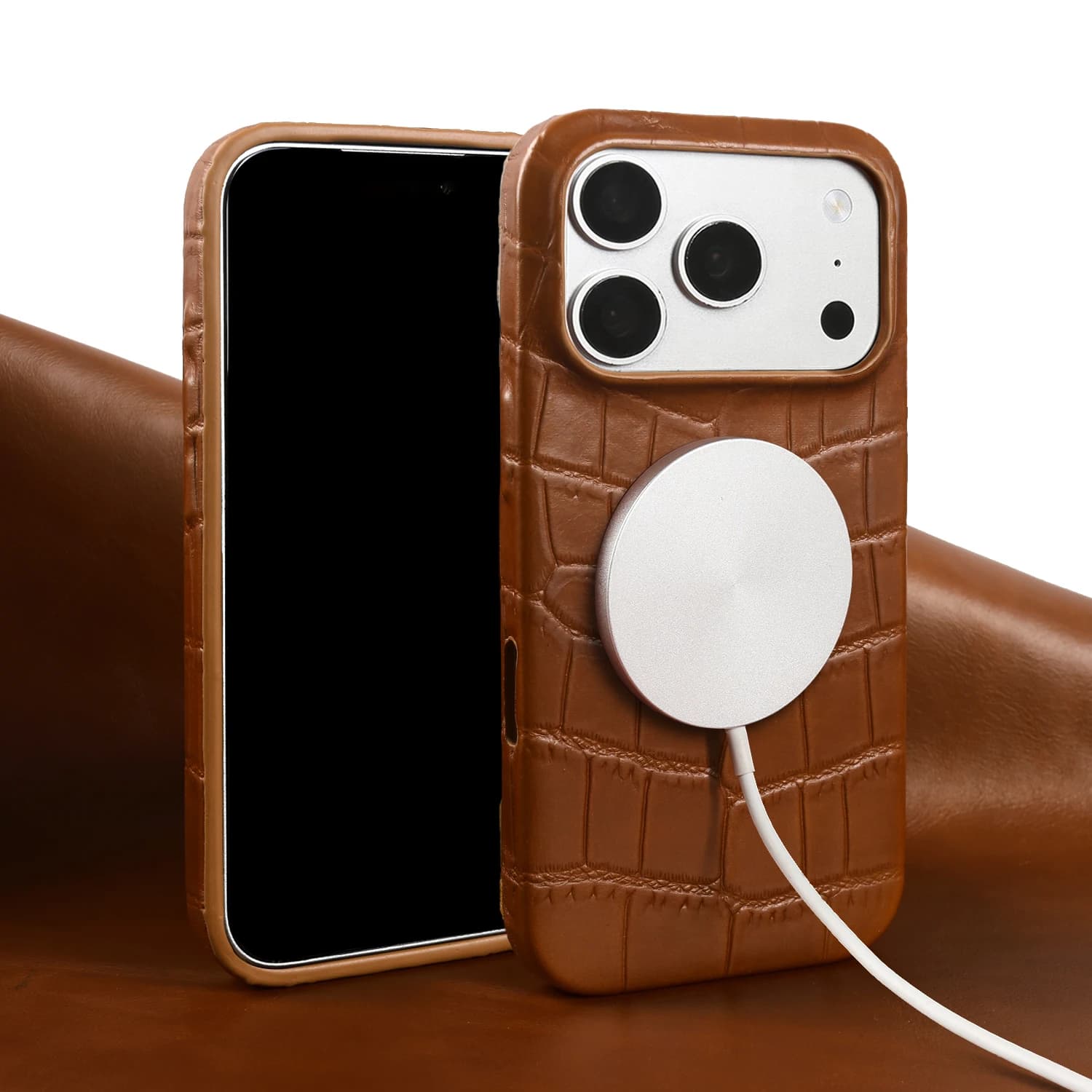 Custodia Magnetica in Vera Pelle per iPhone 17 16 15 Pro Max 17e 16e Air 11 14 Plus 12 13 Mini, Cover Posteriore per Ricarica Wireless MagSafe