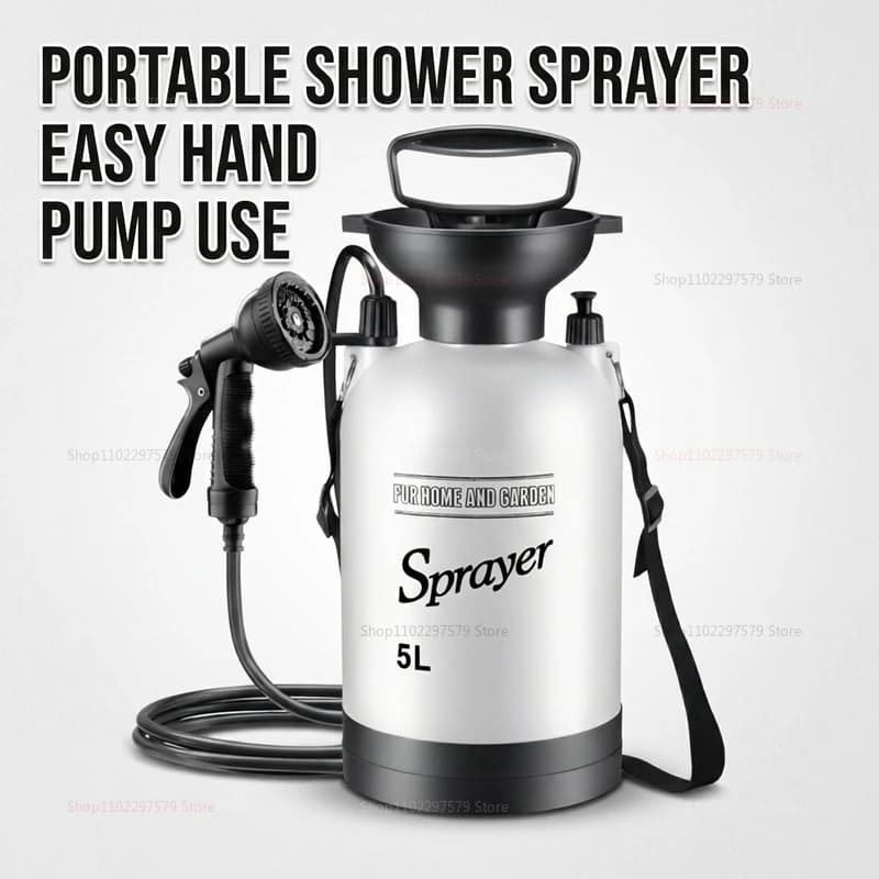 Doccia Portatile da Campeggio 5L con Pompa Manuale, Sistema di Irrigazione per Esterni con Tubo da 1,5 Metri, Perfetta per Escursioni, Spiaggia e Backpacking