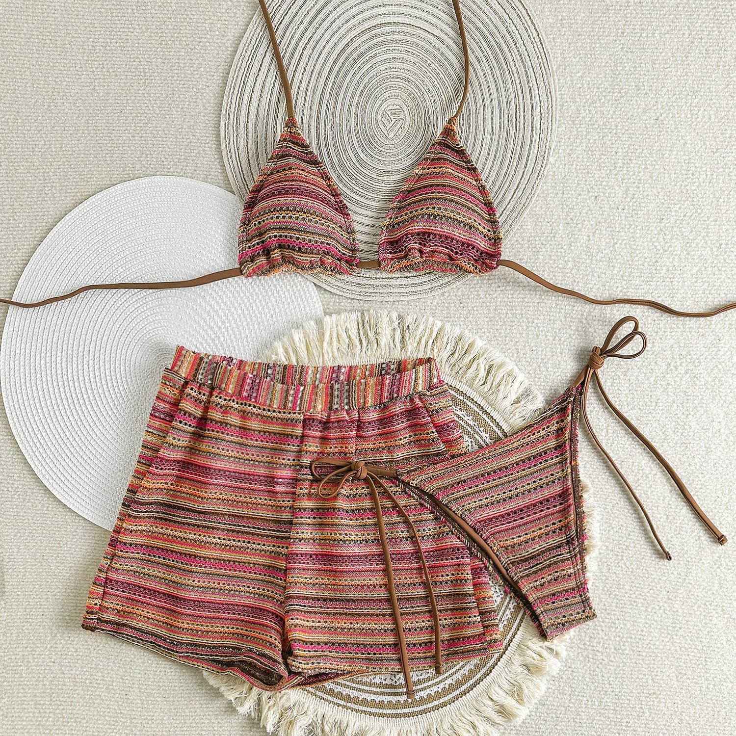 Set bikini sexy a righe in maglia con laccetti, tre pezzi con pantaloncini, costumi da bagno, abbigliamento da spiaggia, tankini.