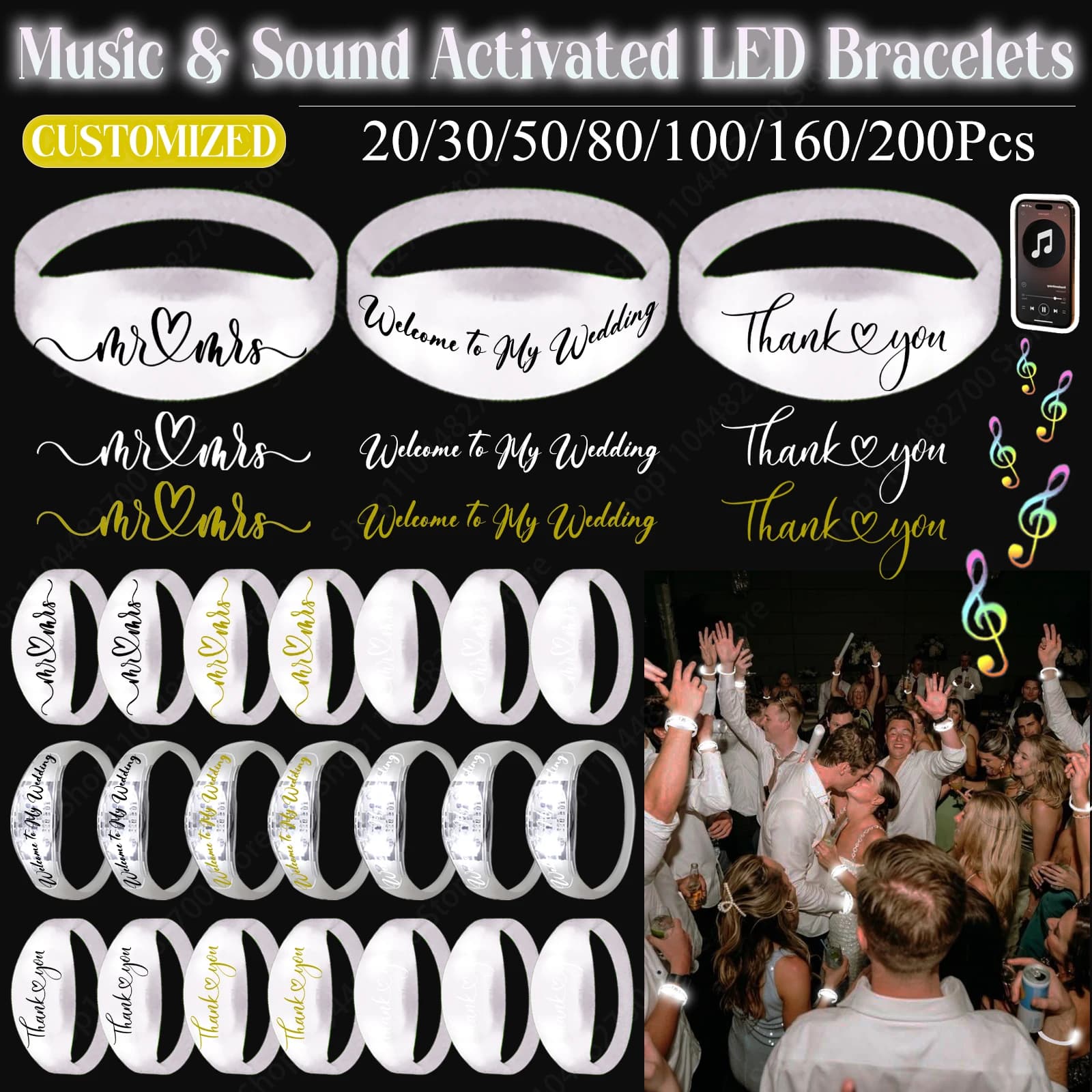 20-200Pcs Music & Sound Activated LED Bracelet Light up Bracelet Glow in the Dark Bracelets Wedding Party Accessories for Guests