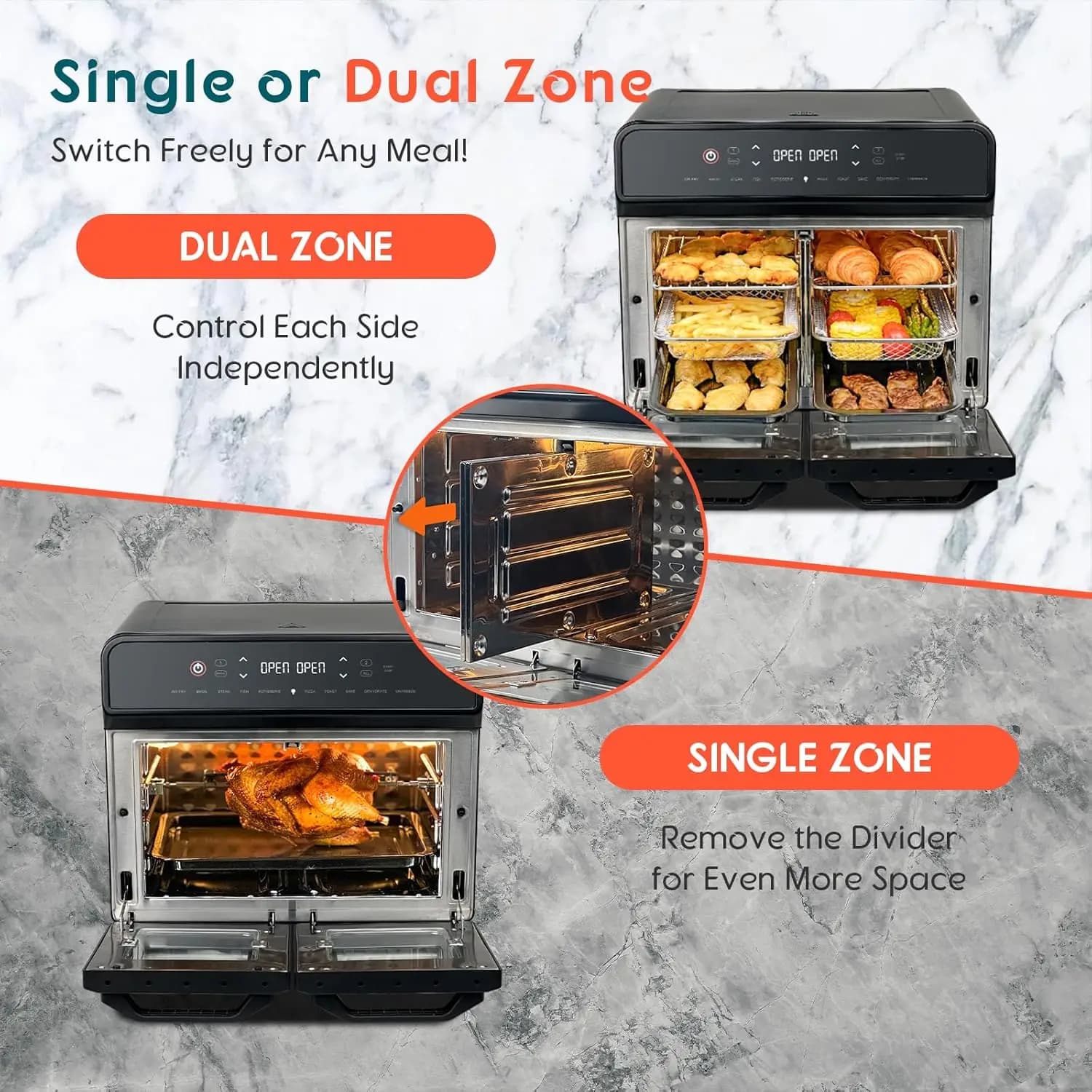 Double zone 24Qt air frying oven with roaster, extra large double air fryers Mini digital oven 1800W 10 in 1 Airfryer support