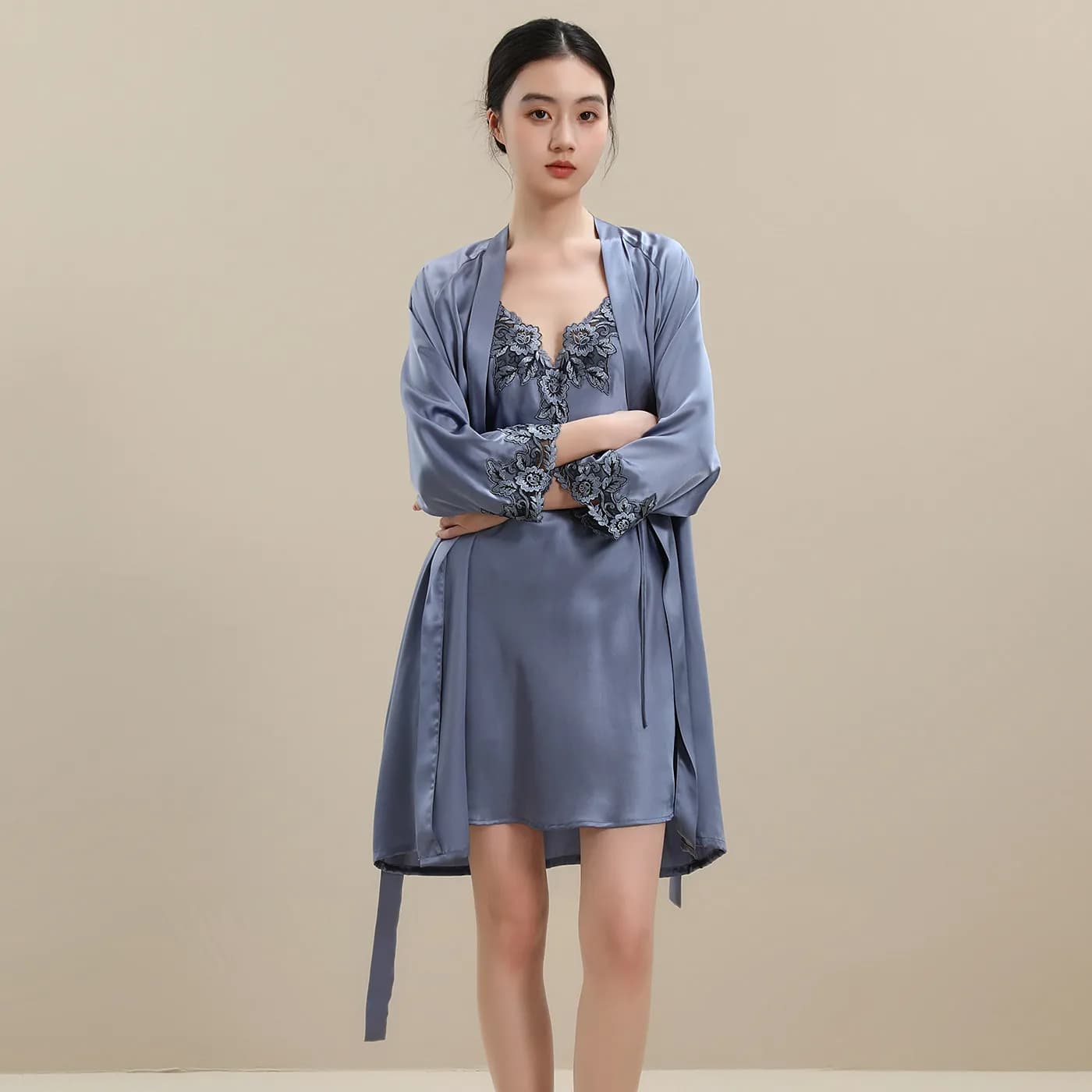 Women 100% Mulberry Silk Pajama Set Lace Trim V Neck Slip Dress With Robe Luxury Sexy Nightgown 2 Pieces Sleepwear Bathrobe Set