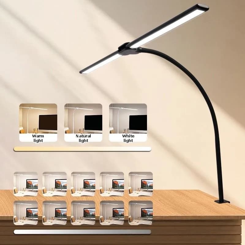 Lampada da scrivania RMWIN-LED Testa a doppia testa, Protezione per gli occhi, Clip da tavolo a braccio lungo per la lettura e lo studio, Schermo del computer Spina americana