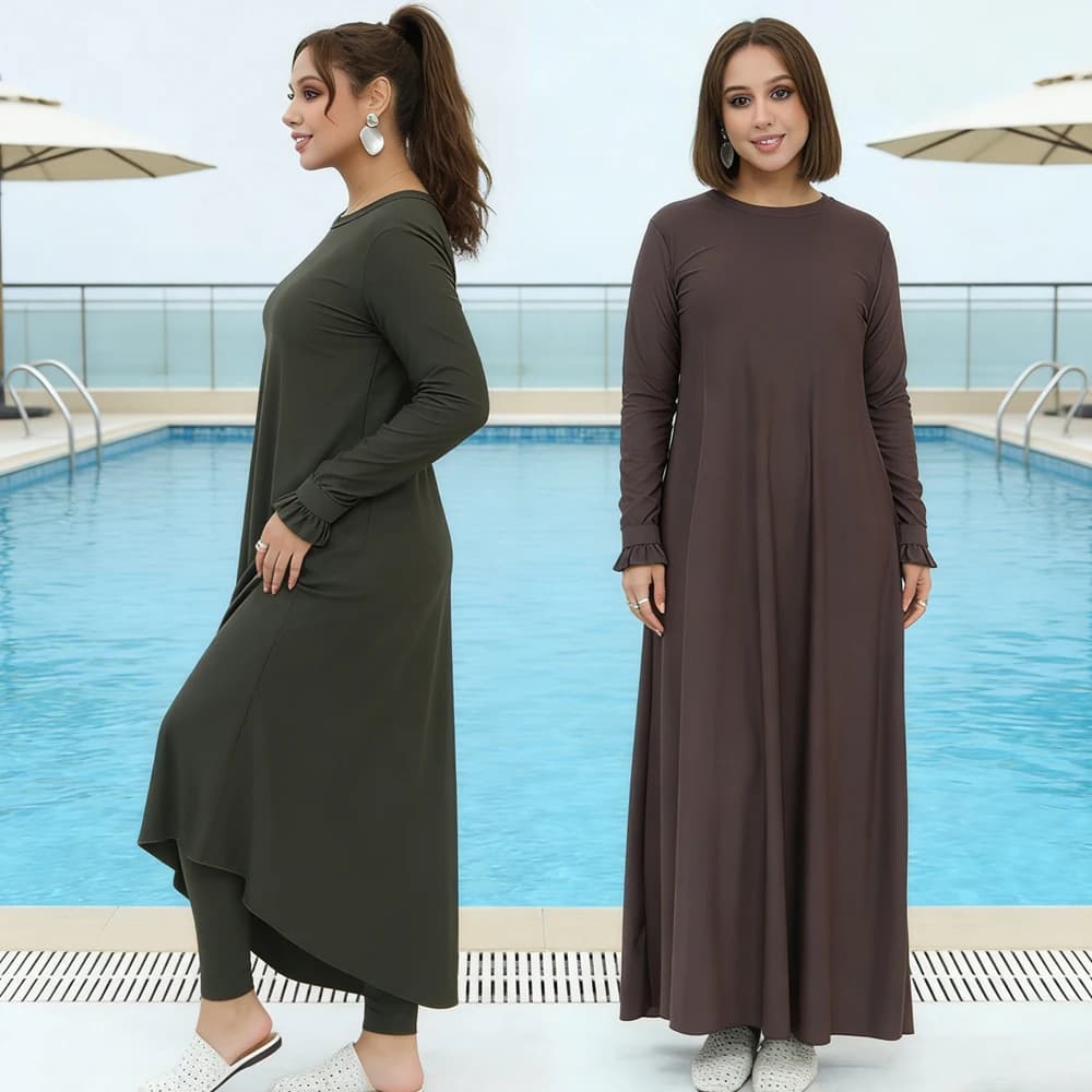 Costume da bagno modesto per donne musulmane, set pantaloni e vestito, burkini, abbigliamento da spiaggia, robe
