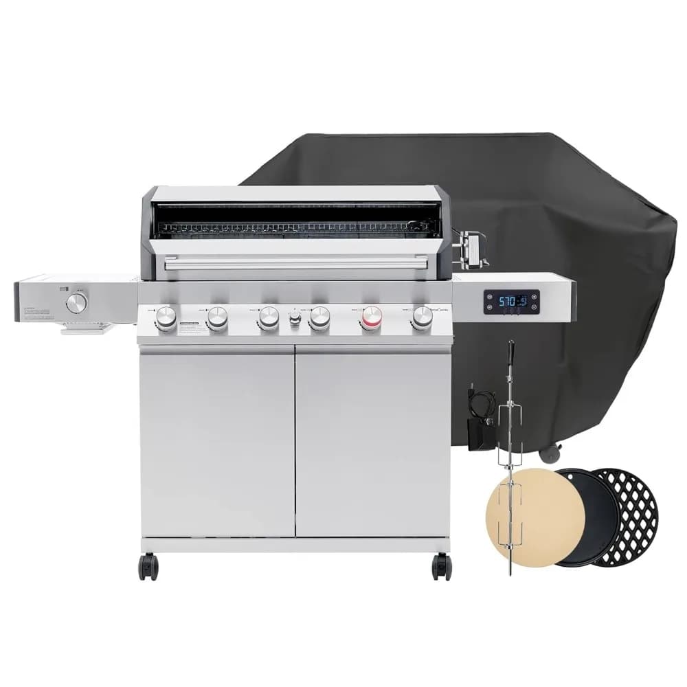 Grill a Gas Propano 6+1 Bruciatori 78000 BTU in Acciaio Inossidabile per Esterni con Bruciatore Laterale, Pietra per Pizza, Girarrosto e Copertura, Personalizzabile