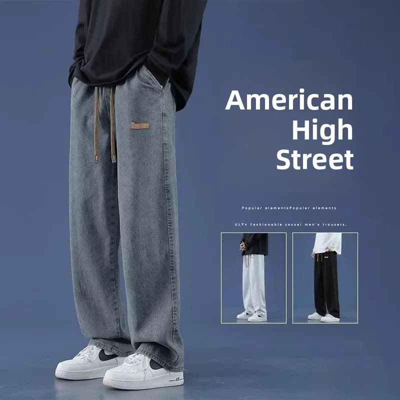 Men's Summer Jeans, American Style High Street, Straight Leg and Larga, Casual Long Pants, Trendy Brand in Mixed Polyester and Cotton