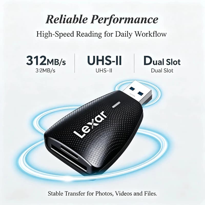 Lexar USB 3.1 SD Card Reader High Speed 312MB/s UHS-II Dual Slot SD Micro SD TF Memory Card Adapter for Camera PC Laptop