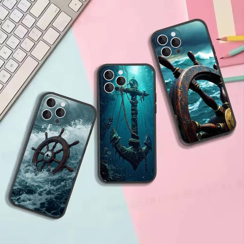 Anchor Boat Ship Wheel Phone Case For iPhone17,16,15,14,13,12,11,Pro,Max,Plus,X,XS,SE4,E,Mini,Soft Black Case