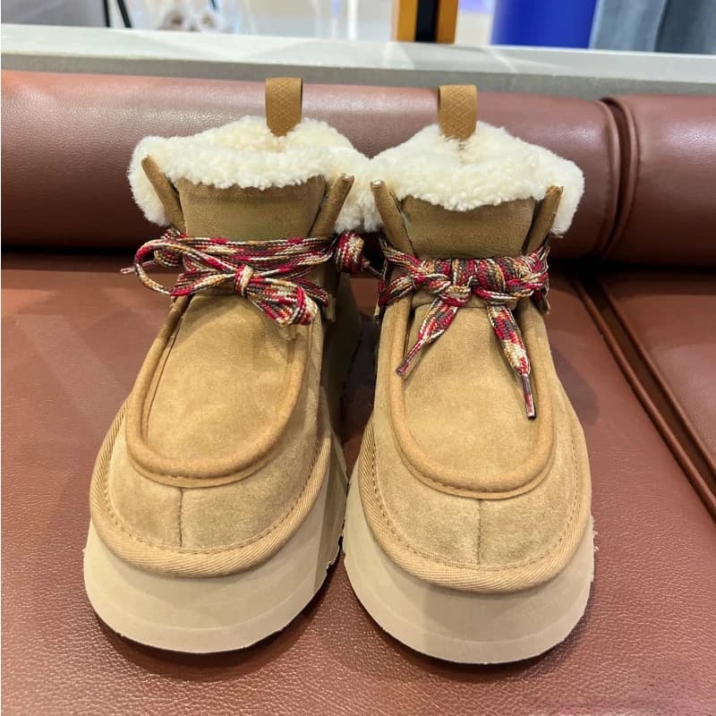 Stivali da neve da donna in lana di pelle 2025 Botas De Invierno Para Mujer Scarpe di cotone caldo addensato Botines Mujer con la suola spessa