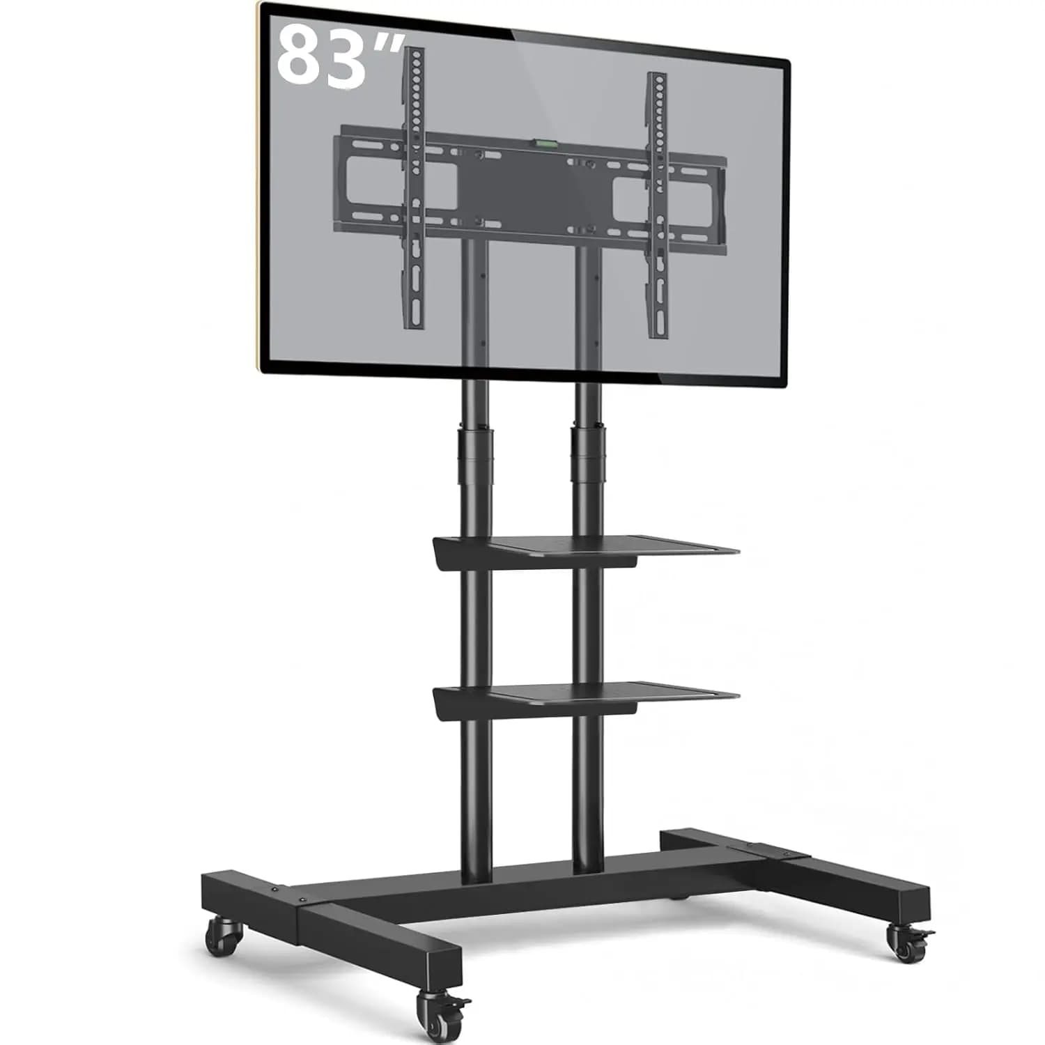 Carrello Porta TV Regolabile in Altezza con Ruote per Schermi Piatti o Curvi da 32-83 Pollici, Espositore da Pavimento con 2 Ripiani, Personalizzabile