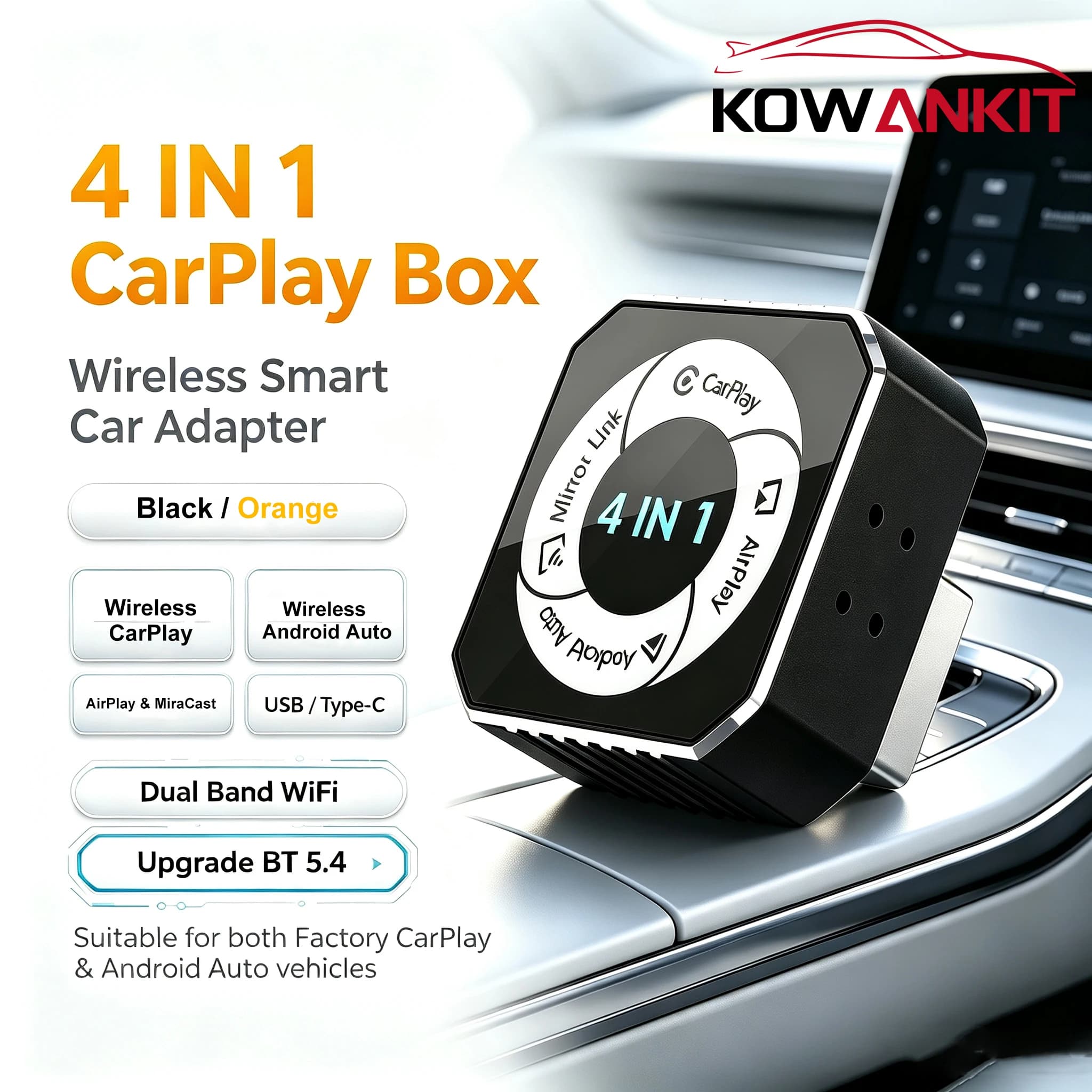 4in1 2026 New Wireless Carplay Adapter for Apple or Android Auto Connect Mirror Link Screen Airplay Projection Mini Adapter