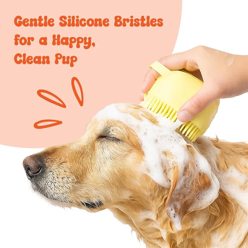 Bathroom brush for pets with built-in soap dispenser, soft silicone bristles for dog and cat grooming