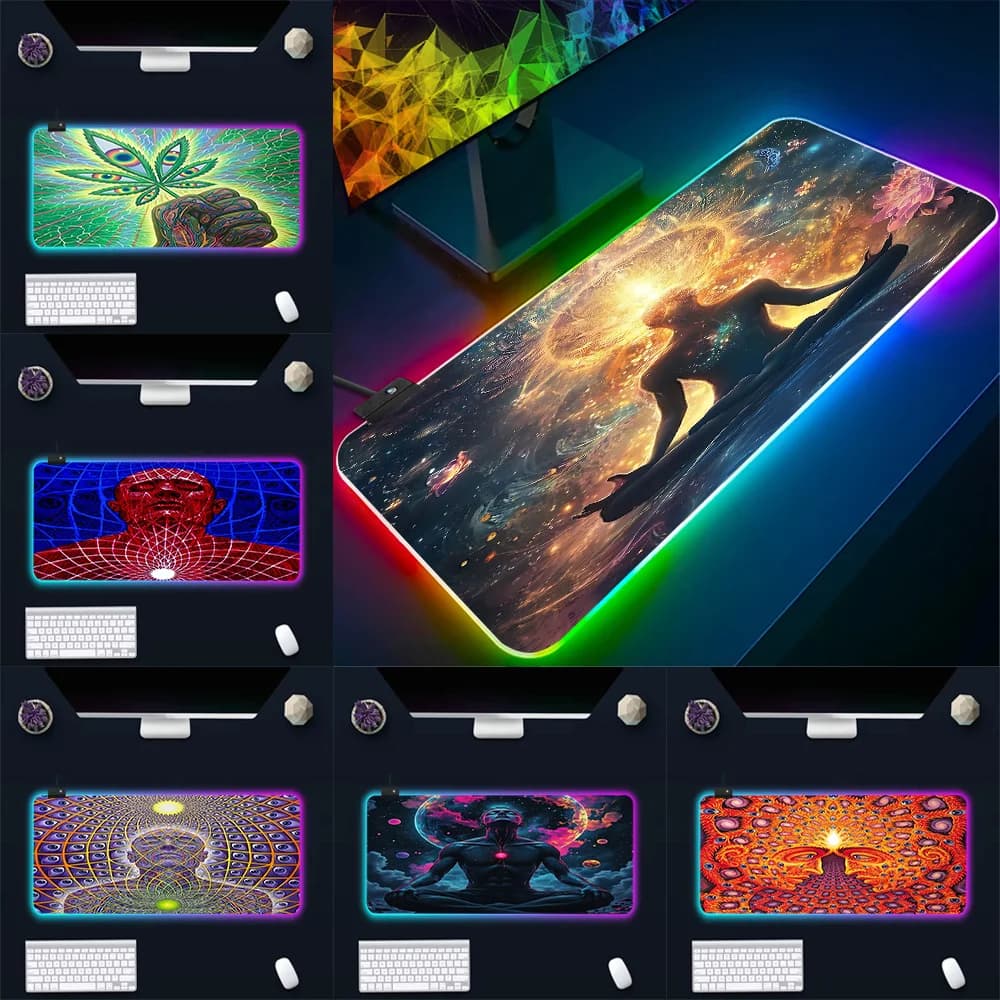 Tappetino per mouse Alex Grey Trippy Psychedelic RGB per PC Gamer, tappetino per mouse LED luminoso, tappetino per mouse in gomma per computer da gioco