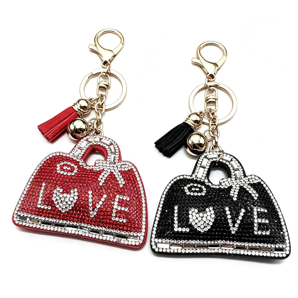 Rhinestone Mini Handbag Keychain for Women Love Heart Pattern Bling Bag Charm Tassel Fashion Purse Handbag Bowknot Keyring Gift
