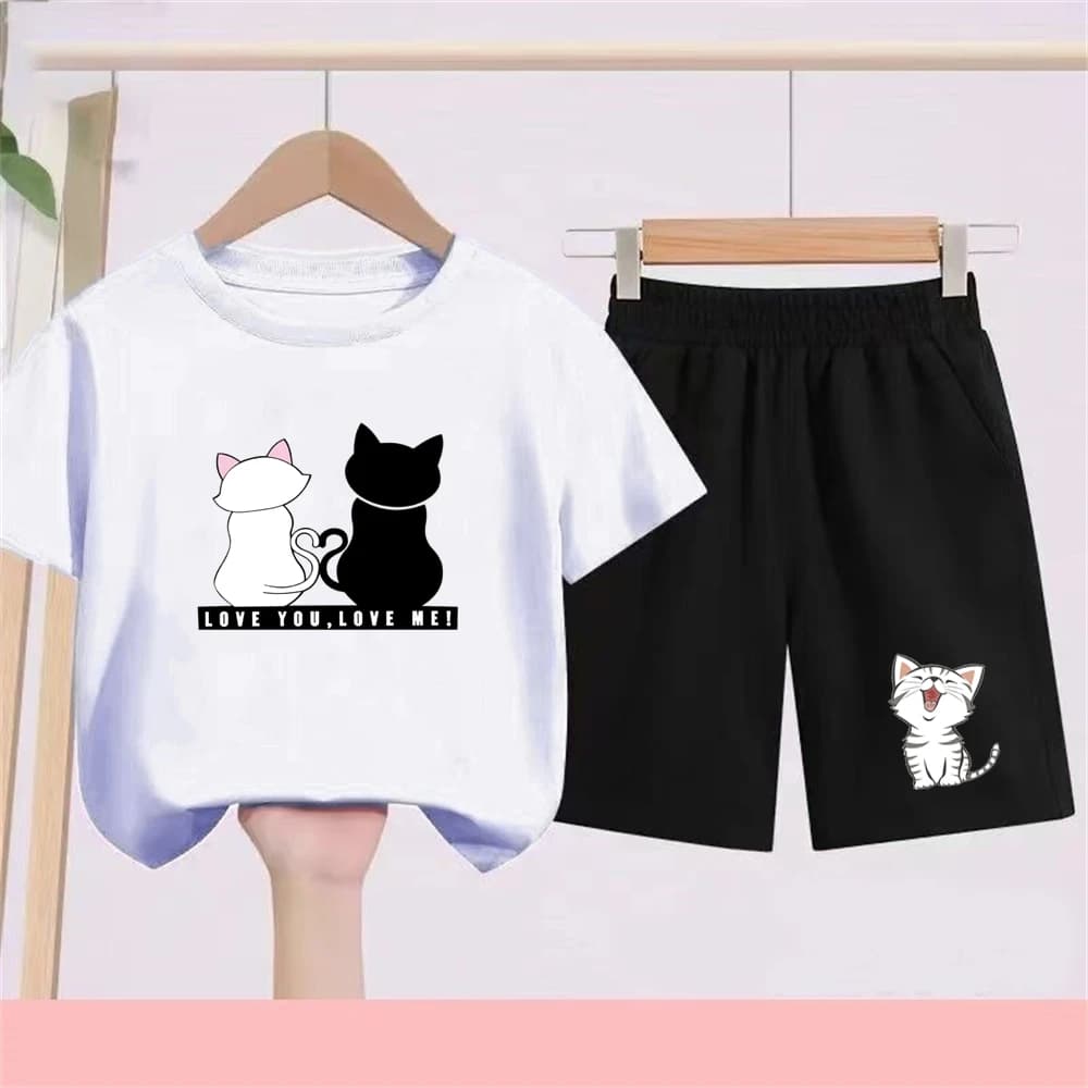 Set estivo per bambini da 3 a 12 anni con stampa gatto 'Love you love me', maglietta a maniche corte bianca e nera + pantaloncini, 2 pezzi, set casual per bambini.