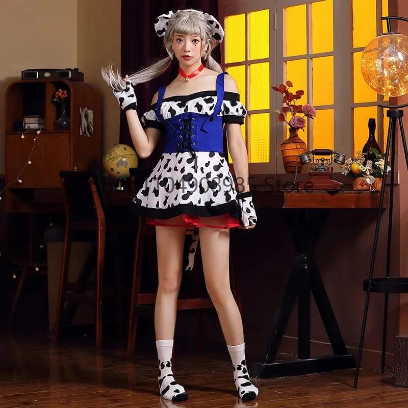Abito cosplay sexy da cameriera Spice Girls per donna Abito bianco nero irregolare con stampa mucca Abito da cameriera per feste di Natale Tentazione uniforme