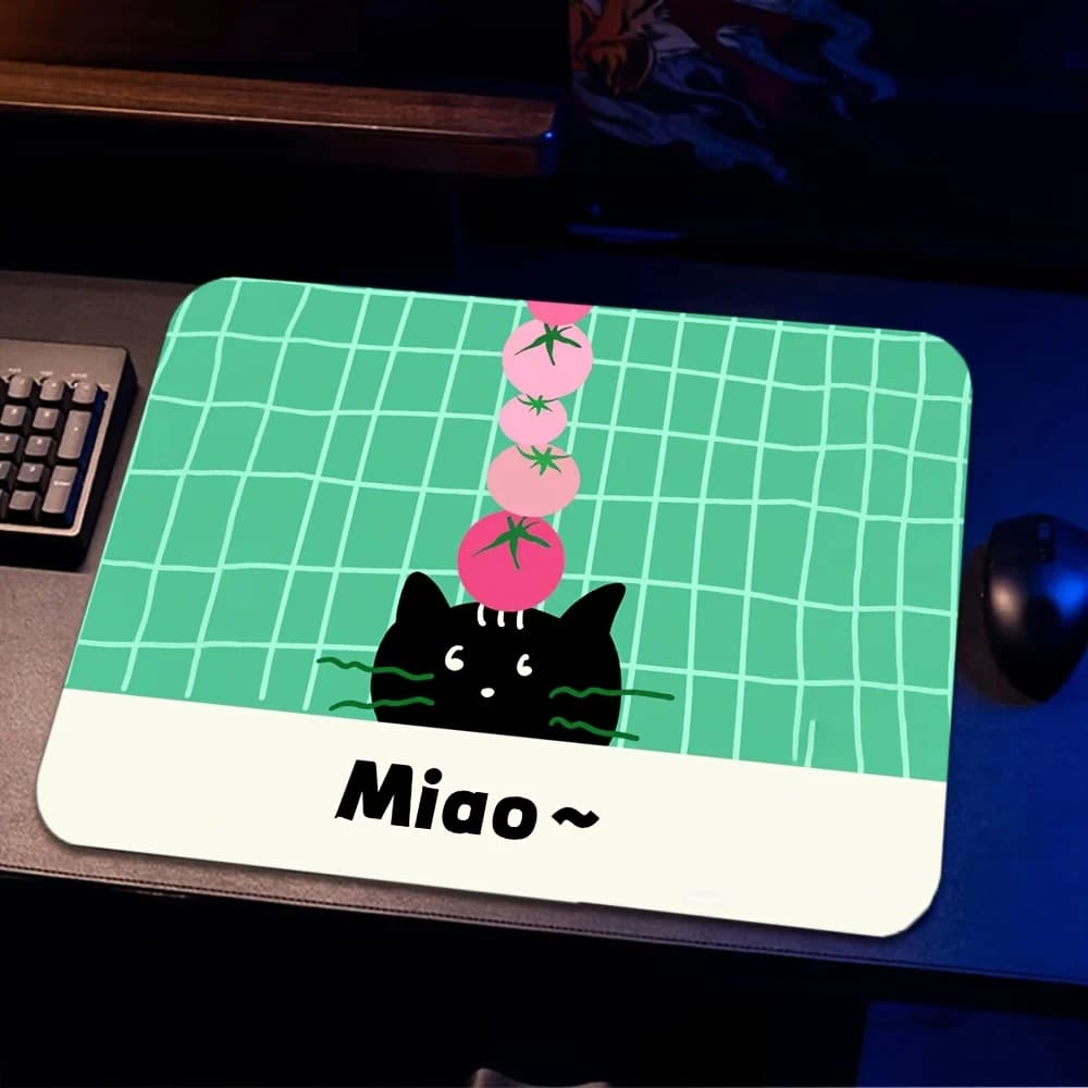 Simpatico tappetino per mouse con gatto nero e pomodoro, griglia verde Miao~ Tappetino per mouse da gioco antiscivolo