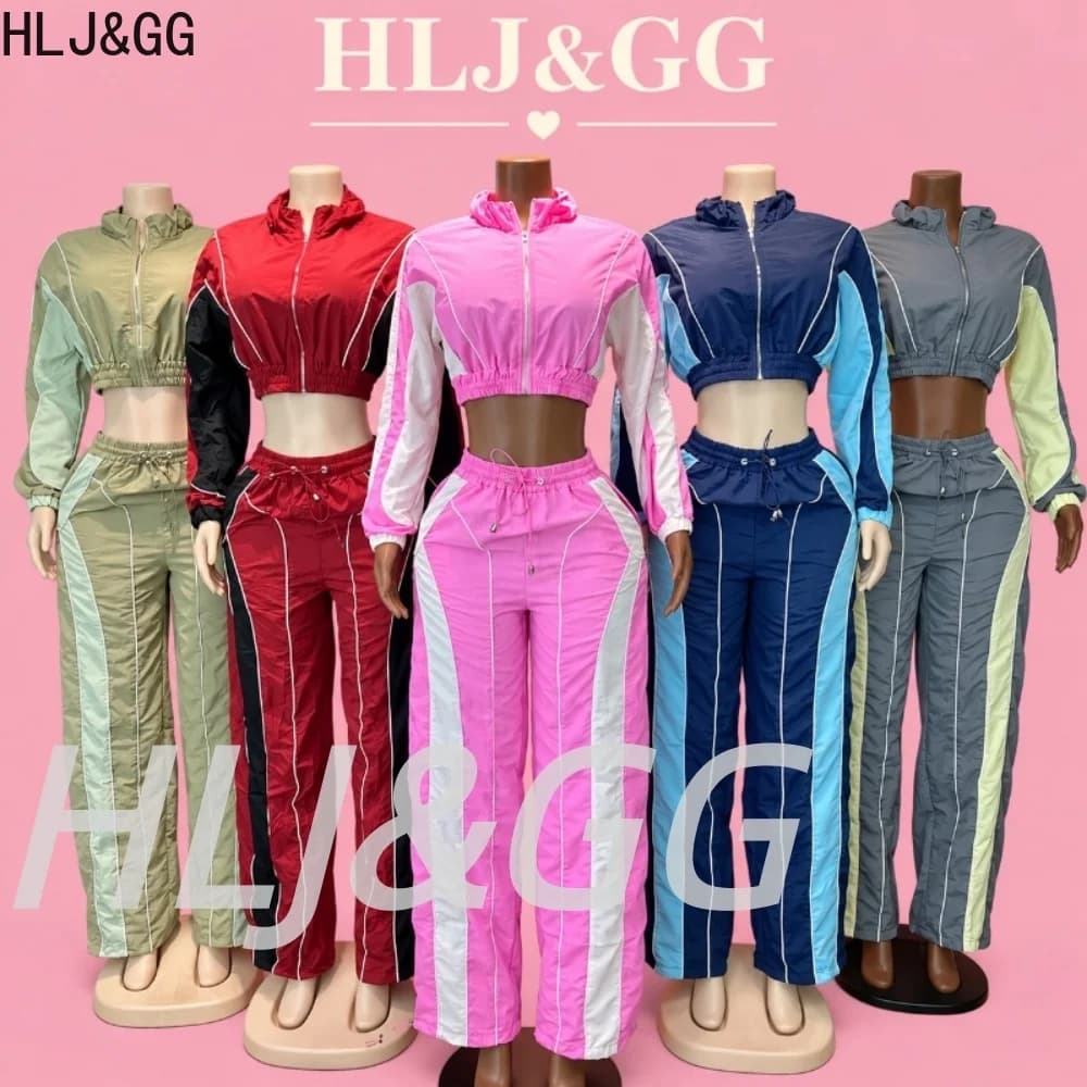 HLJ&GG Autumn Sporty Stripe Stitching Two Piece Sets Women Zipper Long Sleeve Crop Jacket And Drawstring Pants Outfit Streetwear