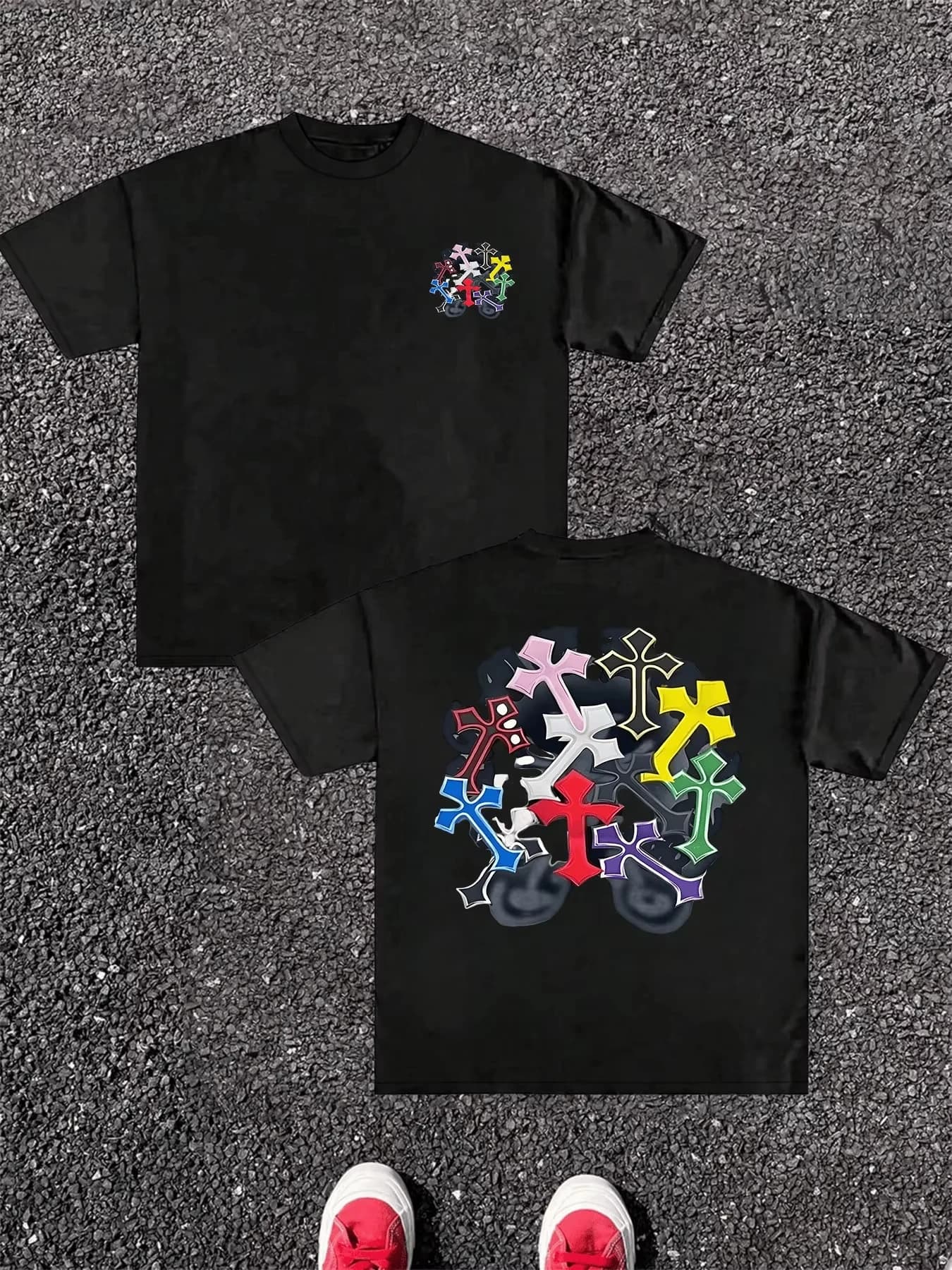 Harajuku Streetwear Pure Cotton Men T-Shirt Double Sided Digital Print Colorful Cross Graphic Breathable Unisex Casual Tops