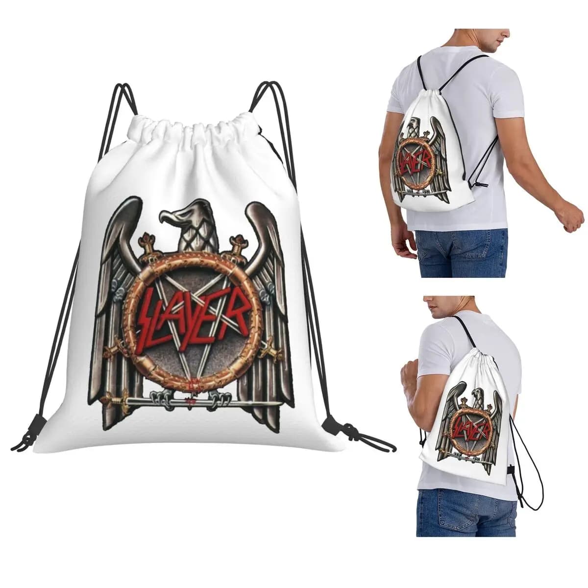 Slayer Heavy Metal Rock Band Backpacks Fashion Drawstring Bundle Pocket Storage Bag Book Bags for Man Woman School