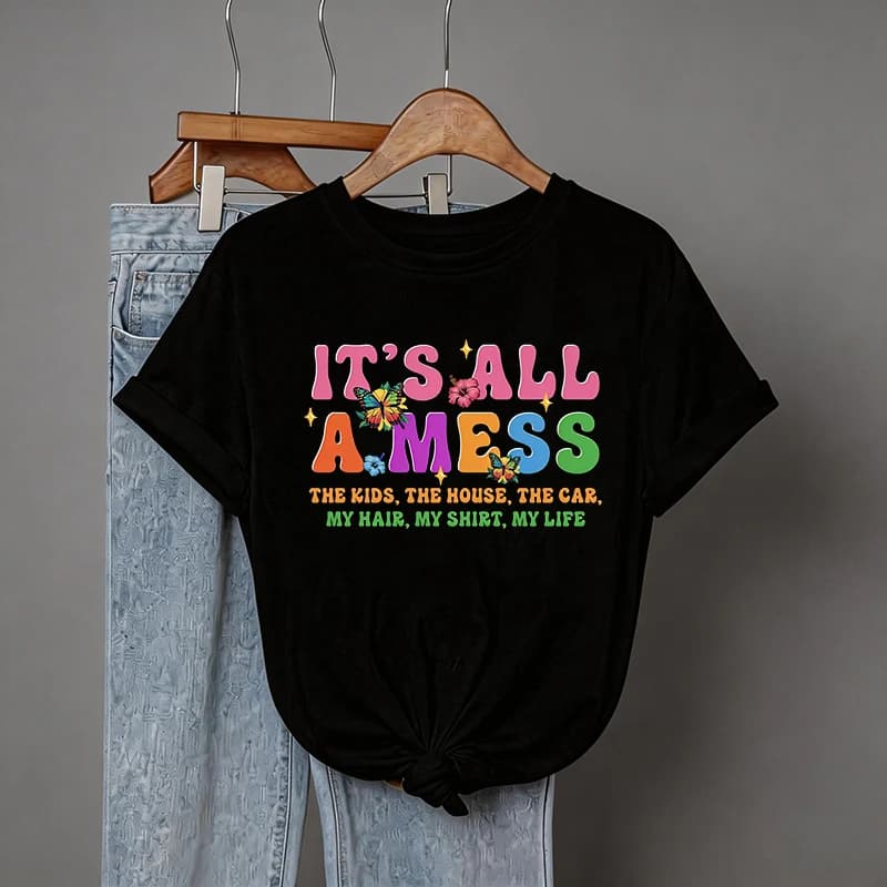 T-shirt girocollo da donna con stampa 'It's All A Mess', casual, a maniche corte, stile anni '90