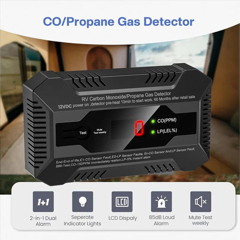 WHYY-Rilevatore di perdite di gas propano monossido di carbonio Doppio allarme gas LP/CO per camper e uso domestico-12V DC RV propano