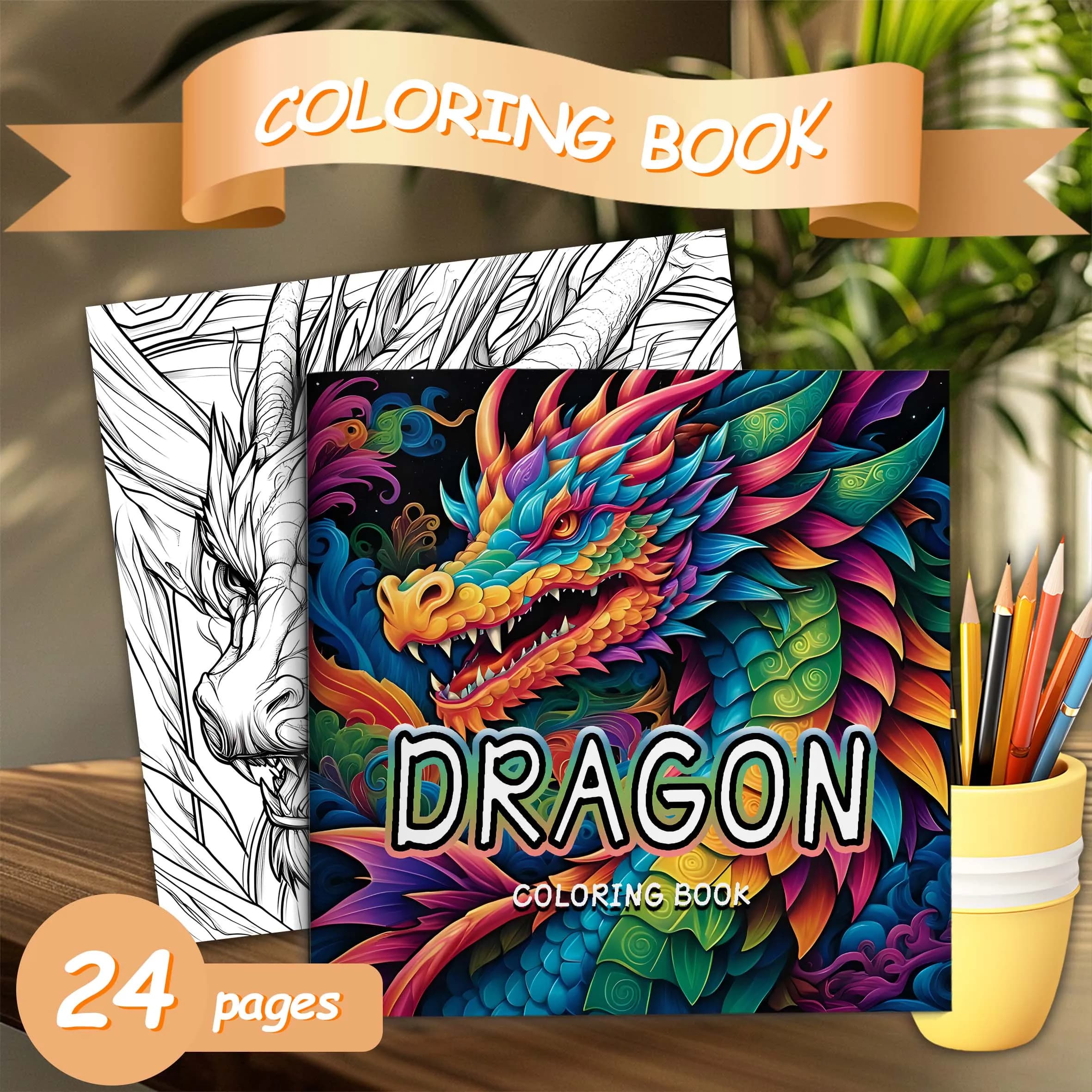 24 Pages Dragon Theme Adult Coloring Book, Diverse Exquisite Patterns, Stress Relief Leisure Drawing Art Book