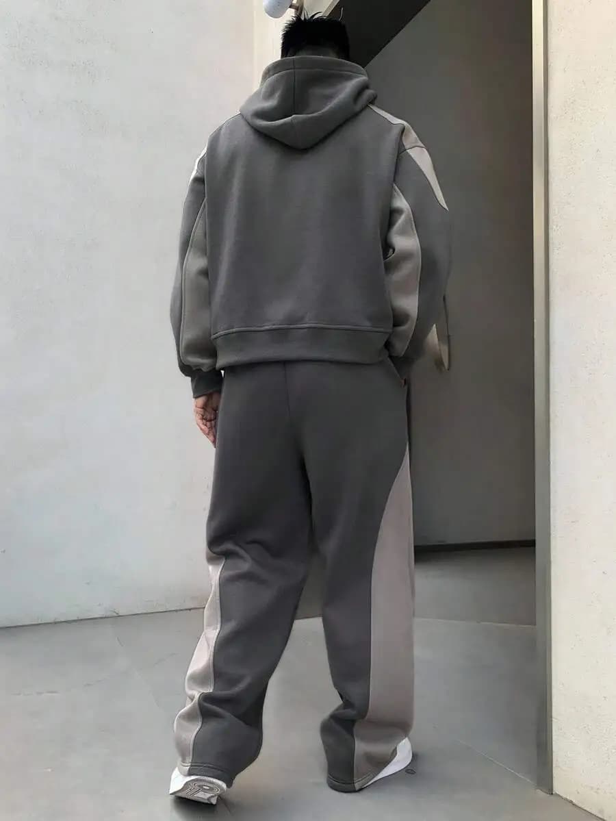 Set autunnale da uomo con felpa con cappuccio e pantaloni, con ricami a contrasto e patchwork, foderato termicamente, completo comodo.