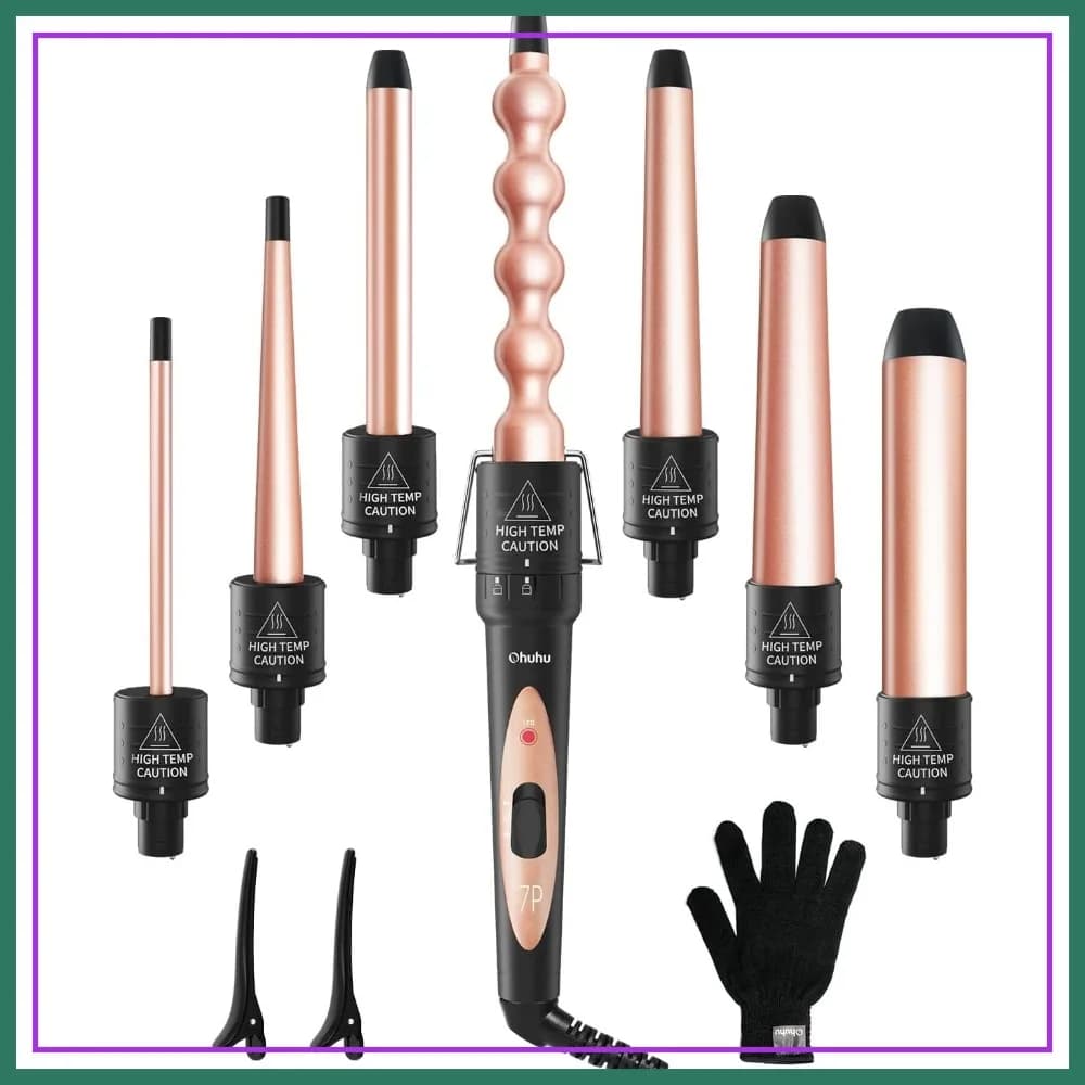 Set di Ferro Arricciacapelli 7 in 1, Cilindri in Ceramica Intercambiabili da 0,35-1,25 Pollici, Arricciacapelli a Doppio Voltaggio con Guanto e Clip, Oro Rosa