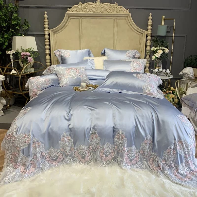 Set di Biancheria da Letto di Lusso per Hotel e Matrimoni, Copripiumino Ricamato in Cotone a Fibra Lunga 600 Fili, Stile Principessa Blu, 3/4 Pezzi