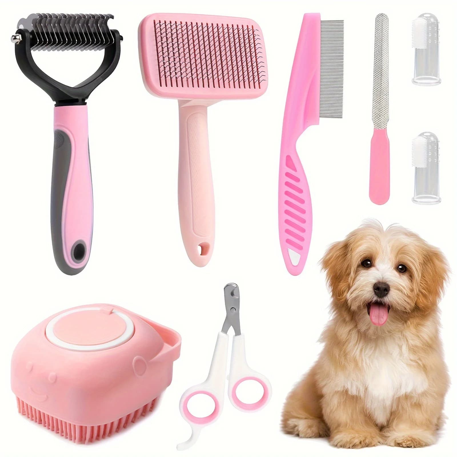 8Pcs Cat Brush Grooming Kits, PFlea Comb, Pet Shampoo Bath Brush, Pet Shedding Brush, Silicone Toothbrush