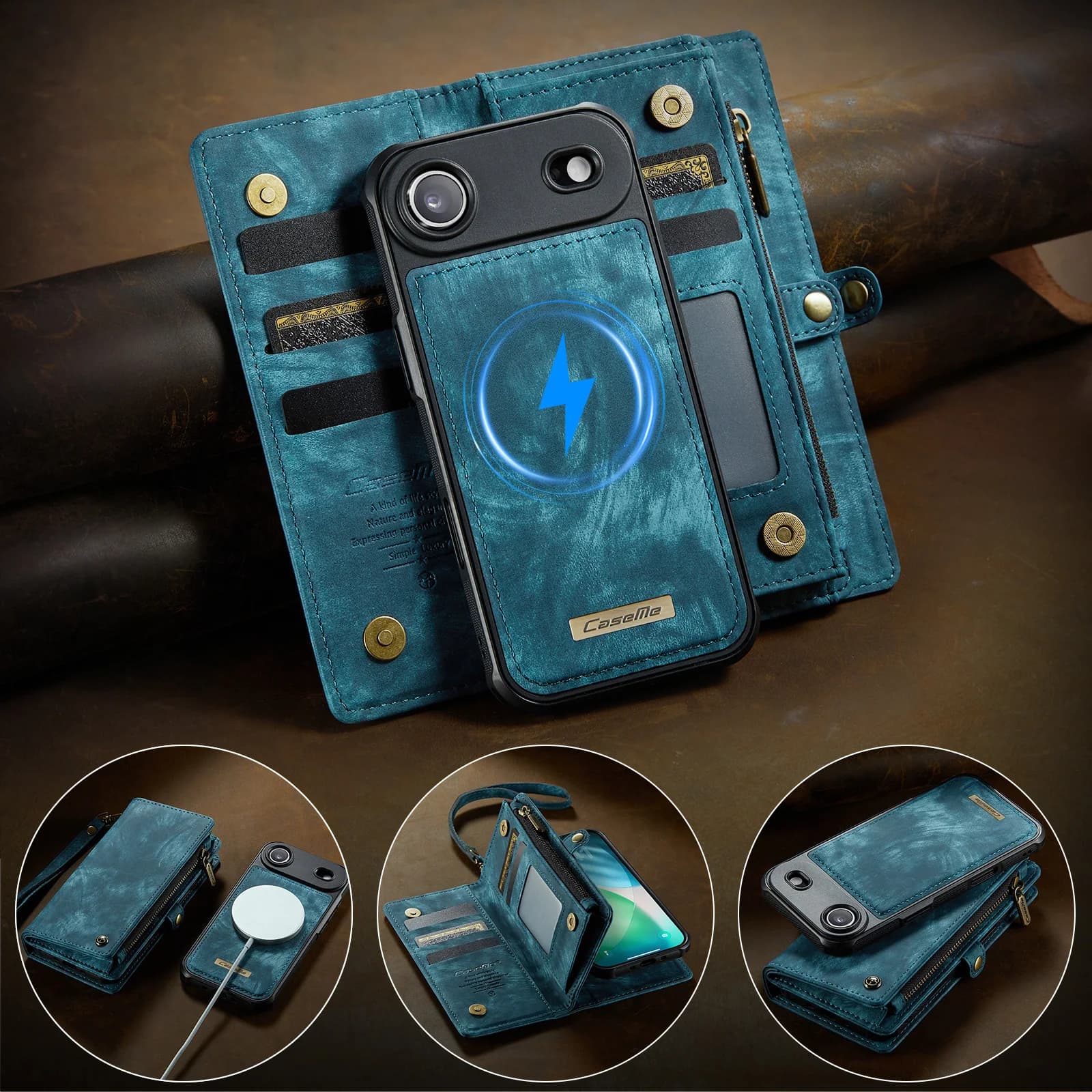 Caseme-008 For iPhone Air Wallet Case Zipped Multifunction Strong Adsorption Magnetic Separable Card Pocket Wireless Charging