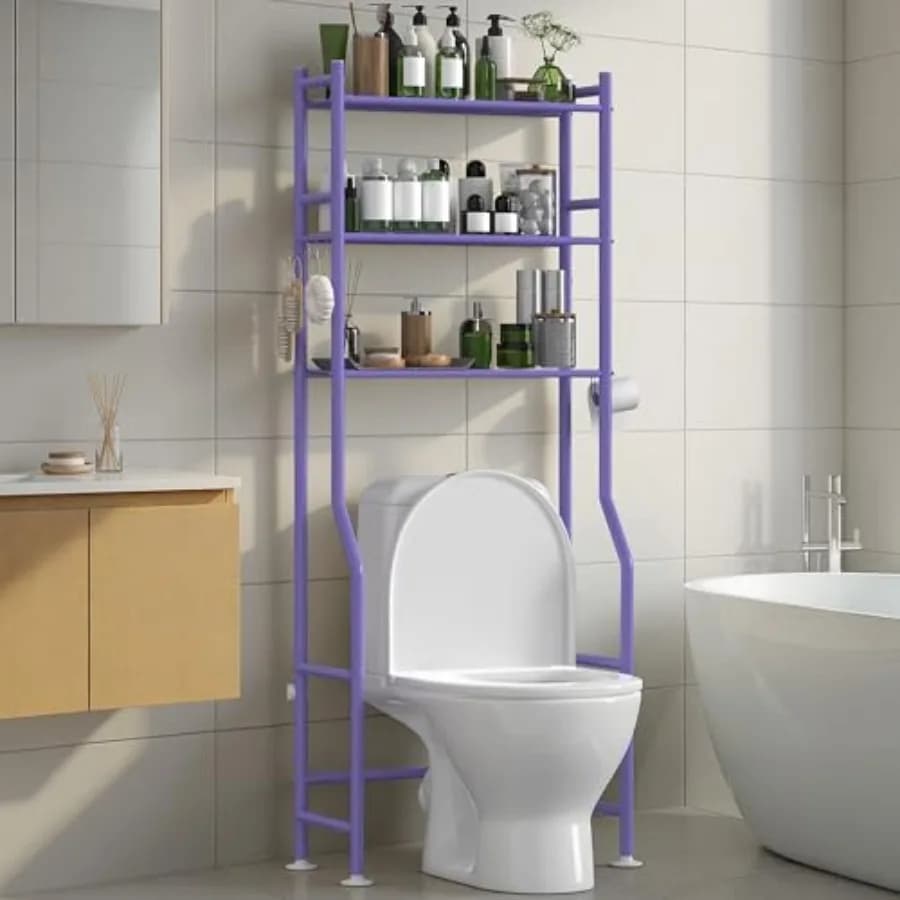 Organizzatore salvaspazio a 3 livelli da posizionare sopra il WC, scaffale da bagno con porta carta igienica e 4 ganci, 162 cm di altezza, autoportante, in carbonio