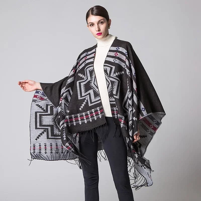 European American Popular Tassel Thickened Cashmere Like National Style Travel Fork Shawl Scarf in autumn Ponchos Capes P4