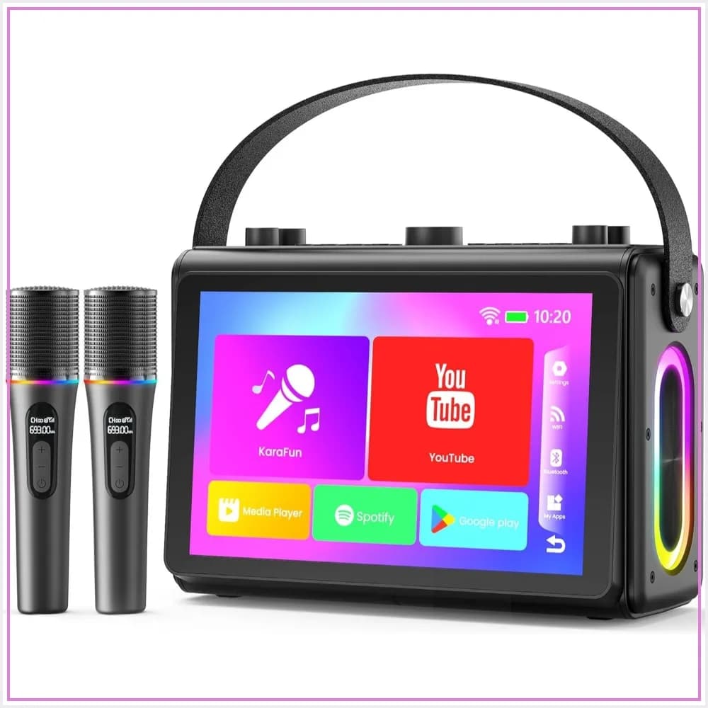 Karaoke Machine with 10.1" HD Lyrics Screen, WiFi Bluetooth HDMI, Portable with 2 Wireless Mics for Home Party